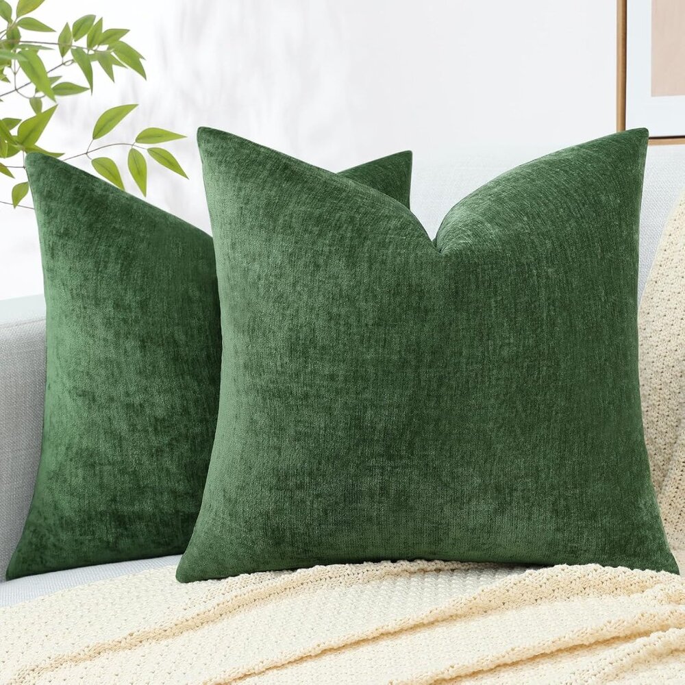 Pack of 2 Moss Green Pillow Covers Cases Only, 18x18 Soft Chenille, No insert